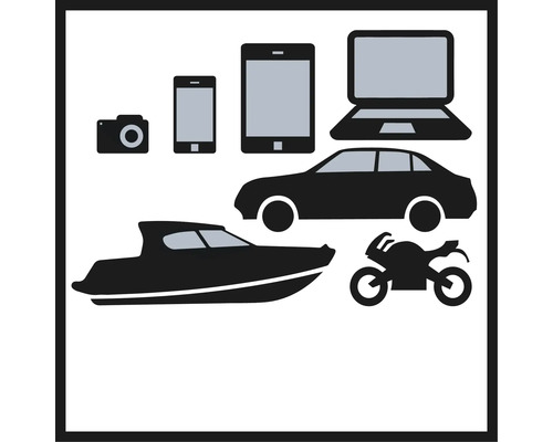 Abbildung verschiedener Konsumgüter wie Kamera, Smartphone, Tablet, Laptop, Auto, Boot und Motorrad.