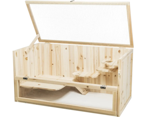 Terrarium en bois avec couvercle en treillis, porte coulissante en verre et intérieur