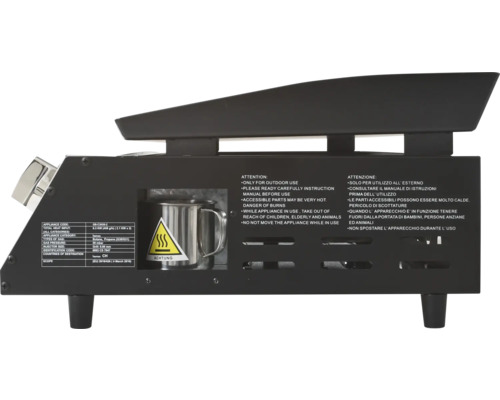 Vue détaillée de l''arrière d''un gril avec des avertissements.