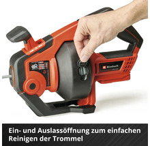 Einhell Logo. Rohrreinigungsspirale mit Reinigungsöffnung der Trommel.