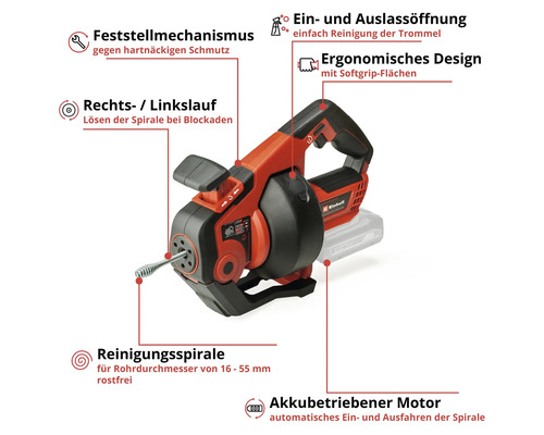 Abflussreiniger mit Feststellmechanismus, Rechts- und Linkslauf, Reinigungsspirale und Akkubetrieb