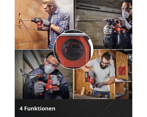 Vues multiples d'un marteau perforateur en cours d'utilisation avec quatre fonctions.