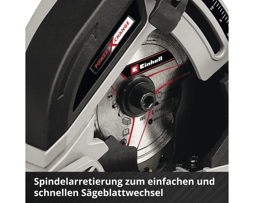 Logo Einhell. Vue détaillée d''une scie circulaire avec lame de scie