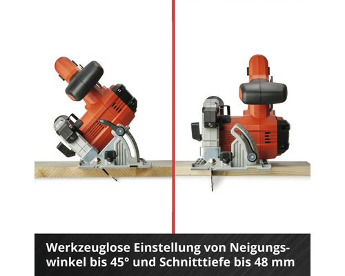 Deux vues d'une scie circulaire à main sur une planche de bois, montrant le réglage de l'angle d'inclinaison et de la profondeur de coupe