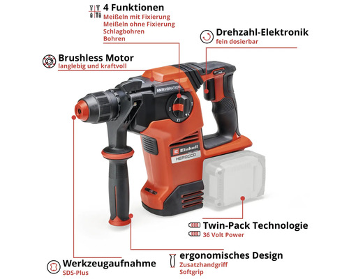 Einhell Herocco Marteau perforateur sans fil avec quatre fonctions, moteur sans balais et technologie Twin-Pack