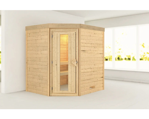 Sauna en bois massif Karibu Maxina sans poêle avec porte en bois et verre à isolation thermique