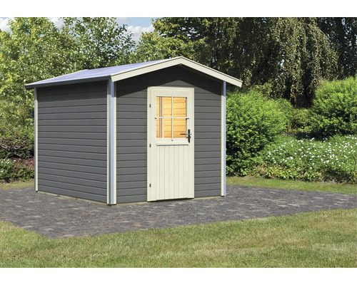 Gartenhaus mit Tür und Fenster im Garten