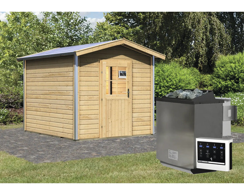 Sauna mit Holzfassade und Saunaofen mit Steinen