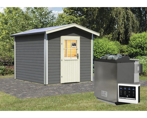 Chalet sauna Karibu Nosse 1 avec poêle bio 9 kW et commande externe avec porte entièrement vitrée couleur bronze gris terre