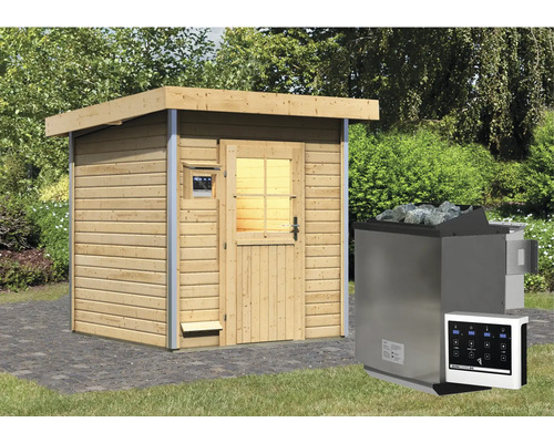 Chalet sauna Karibu Opal 2 avec poêle bio 9 kW, commande externe et porte en bois avec verre à isolation thermique