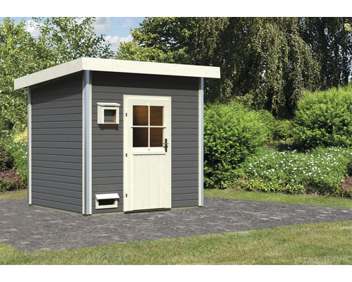 Gartenhaus mit Tür und Fenster im Garten