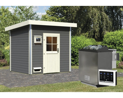 Chalet sauna Karibu Opal 4 avec poêle bio 9 kW et commande externe avec porte en bois et verre transparent gris terre/blanc