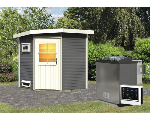 Chalet sauna Karibu Rubin 1 avec poêle bio 9 kW, commande externe et porte en bois avec verre isolant thermiquement gris terre/blanc