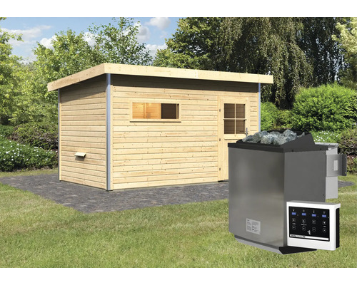 Sauna en bois avec poêle de sauna et commande dans le jardin