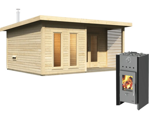 Chalet sauna Karibu Sainburg 5 avec poêle de sauna et vestibule avec porte entièrement vitrée couleur bronze