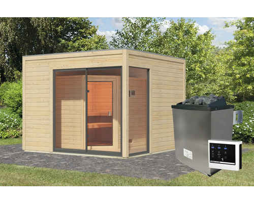 Chalet sauna Karibu Termingo 1 B avec poêle 9kW et commande externe avec vestibule et porte en bois avec verre isolé thermiquement