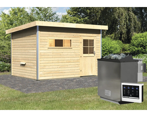 Blockbohlensauna mit Saunaofen und Steuerung im Garten