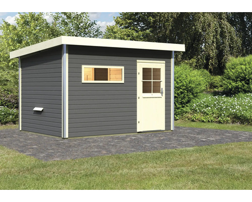 Gartenhaus mit Flachdach, Fenster und Tür aus Holz