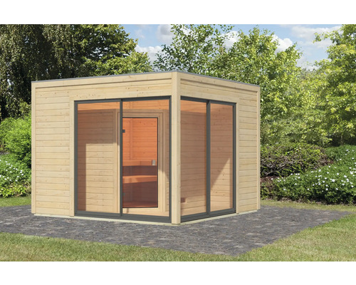Chalet sauna Karibu Termingo 3 B sans poêle avec vestibule et porte en bois avec verre isolé thermiquement