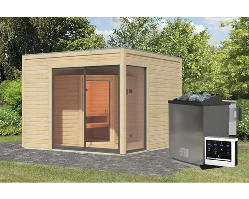 Chalet sauna Karibu Termingo 1 A avec poêle bio 9kW et commande externe avec vestibule et porte en bois avec verre isolé thermiquement