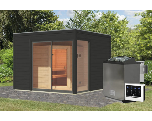 Chalet sauna Karibu Termingo 1 A avec poêle bio 9kW et commande externe avec vestibule et porte en bois avec verre isolé thermiquement anthracite