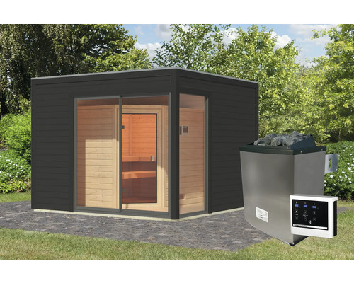 Chalet sauna Karibu Termingo 1 B avec poêle 9kW et commande externe avec vestibule et porte en bois avec verre isolé thermiquement anthracite
