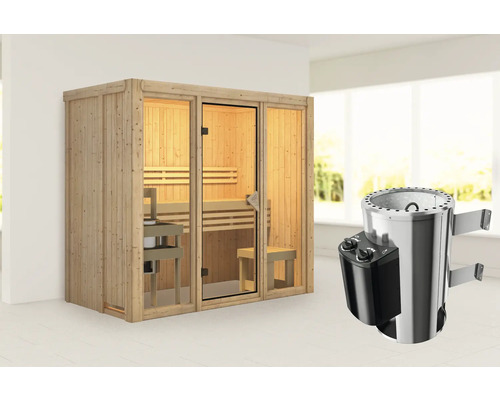 Sauna en bois avec porte en verre et poêle de sauna