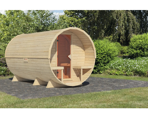 Sauna baril Karibu Rondi 3 sans poêle avec porte en bois et verre à isolation thermique