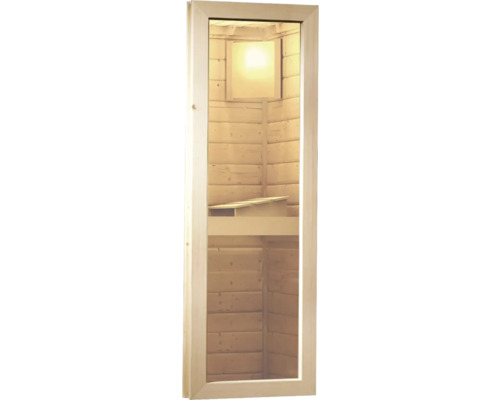 Vue intérieure d''un sauna en bois avec bancs et lumière