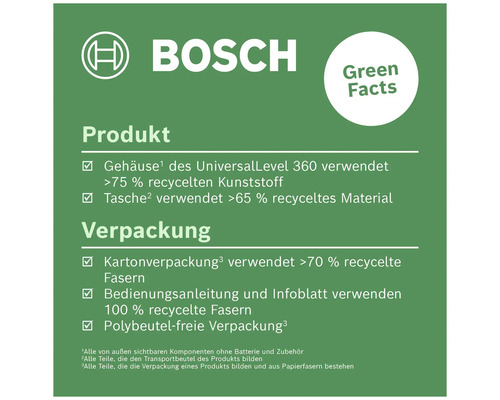 Bosch Logo. Information über recycelte Materialien in Produkt und Verpackung.