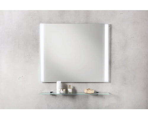 Miroir rectangulaire avec éclairage latéral et étagère en verre