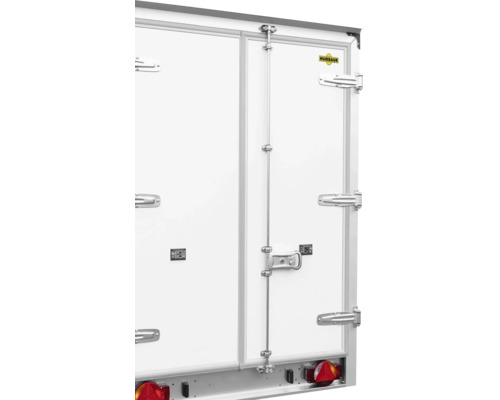 Portes d''une remorque avec mécanisme de verrouillage et logo Hornbach