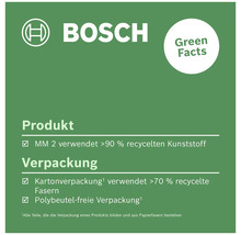 Bosch Logo mit Informationen zu Produkt und Verpackung bezüglich recycelter Materialien und polybeutelfreier Verpackung