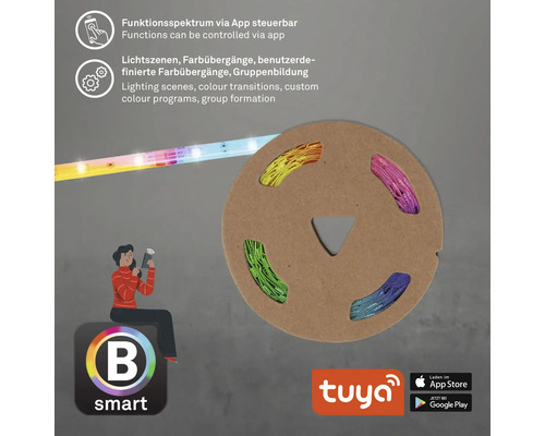 Bande LED contrôlable via l''application sur un rouleau en carton, Logo B Smart, Logo Tuya