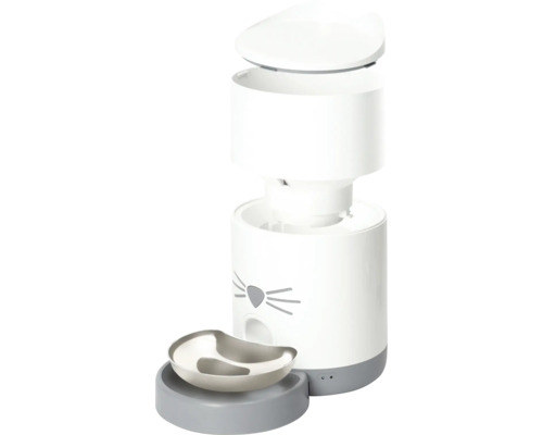 Distributeur de nourriture automatique pour chats avec motif de chat et gamelle.