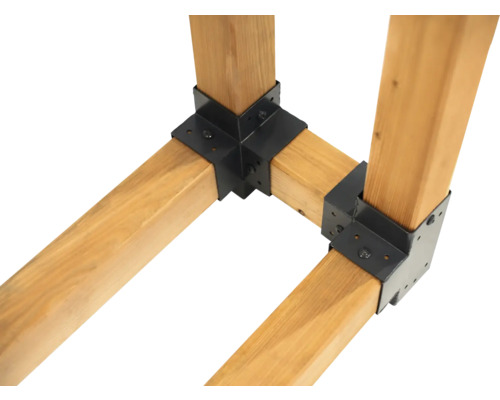 Détail des assemblages en bois avec raccords d''angle noirs.