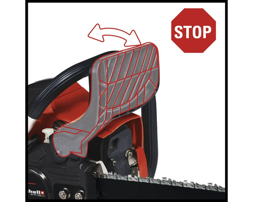 Tronçonneuse avec symbole Stop et illustration de la protection anti-recul