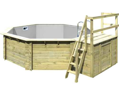 Piscine hors sol ensemble de piscine en bois Karibu Variante B octogonale Ø 428x124 cm avec liner gris et échelle avec plateforme