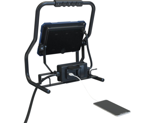 Projecteur de chantier à LED avec prise et chargeur pour téléphone portable