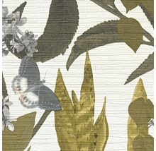 Tapete mit Blättern, Schmetterling und Blüten