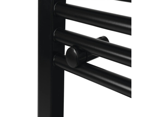 Gros plan d''un sèche-serviettes noir avec barres chauffantes.