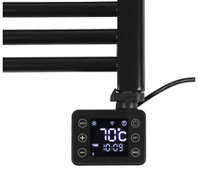 Vue détaillée d''une commande de radiateur noire avec affichage de la température et de l''heure.