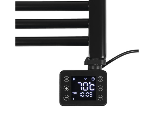Vue détaillée d''une commande de radiateur noire avec affichage de la température et de l''heure.