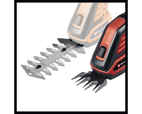 Logo Einhell. Cisaille à gazon et à arbustes avec différents accessoires.