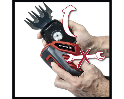 Logo Einhell. Image d''une cisaille à gazon avec un accessoire de coupe amovible. Aucun outil n''est nécessaire pour le remplacement.