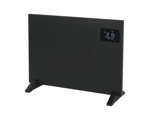 Schwarzes Heizpaneel mit digitaler Anzeige auf Füssen