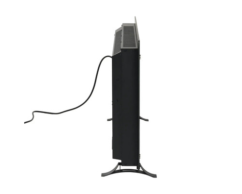 Seitenansicht eines elektrischen Kamins mit Stromkabel und Standfüssen