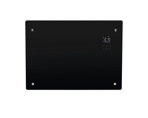 Schwarzer Glasheizkörper mit digitaler Anzeige und Wandmontage