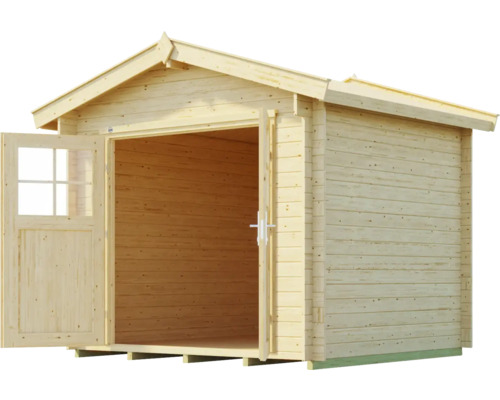 Abri de jardin en bois avec portes doubles ouvertes