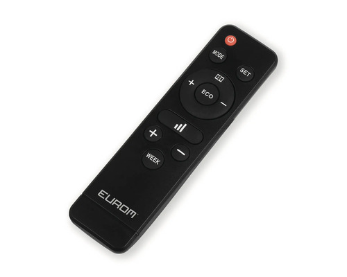 Télécommande Eurom noire avec différentes touches pour commander des appareils.